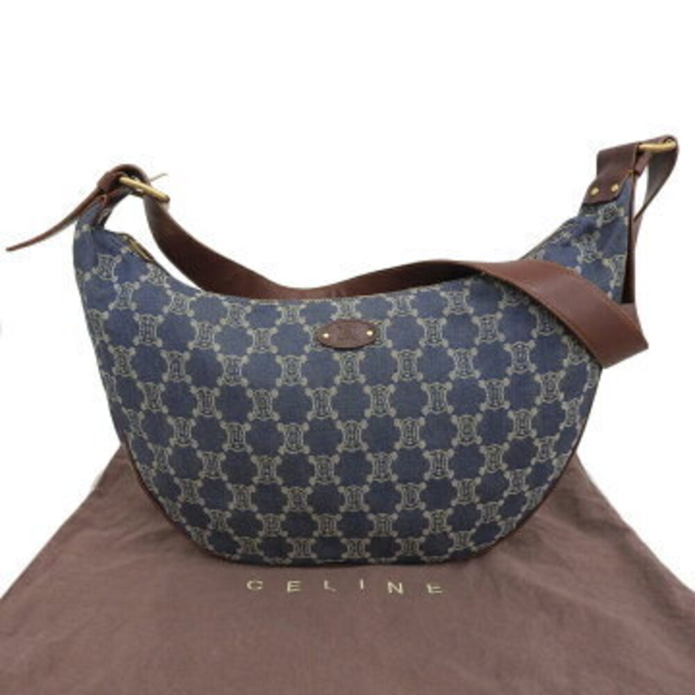 Celine Paris Macadam Logo Crossbody Shoulder Bag Denim Leather Blue Brown